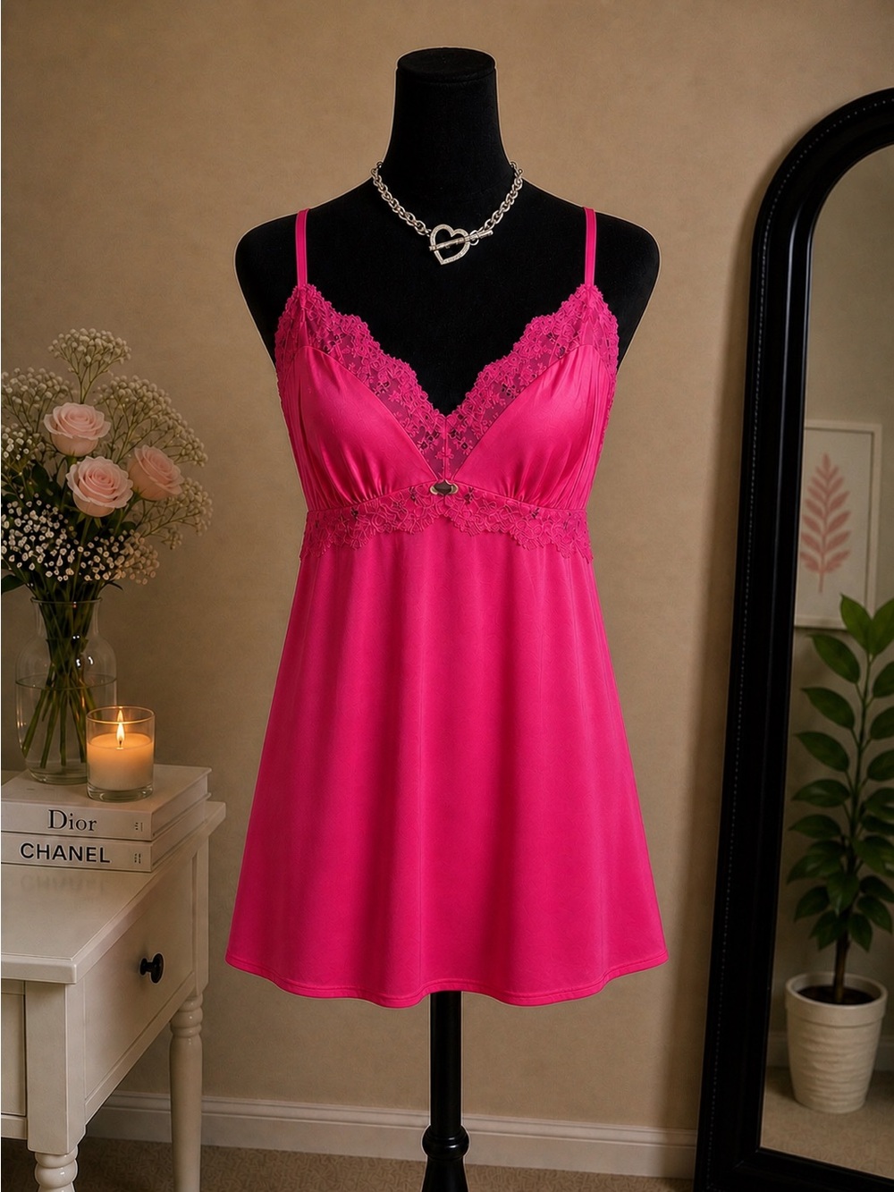 Felina Lingerie babydoll chemise pink black lace slip size M romantic Y2K